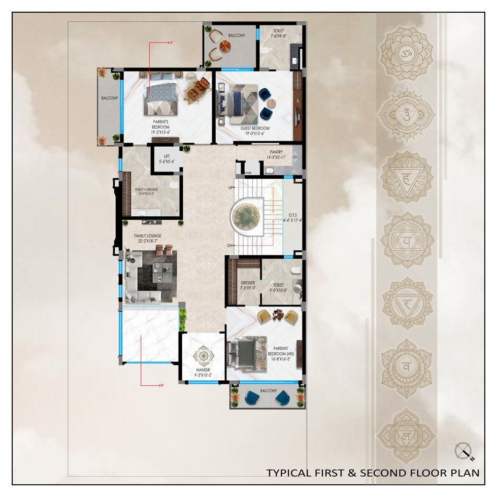 Architectural floor plan showing three bedrooms, family lounge, balconies, pantry, lift, and staircase.