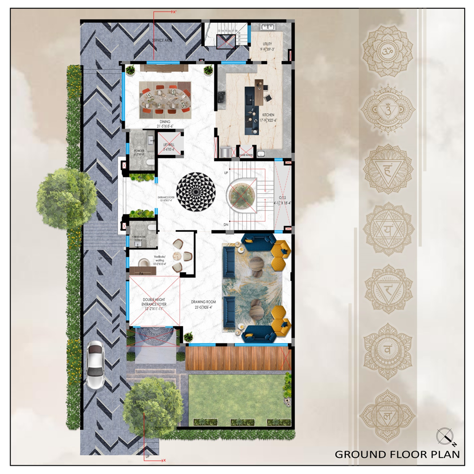 Ground floor architectural plan showing drawing room, dining area, kitchen, entrance foyer, driveway, and landscaped garden.