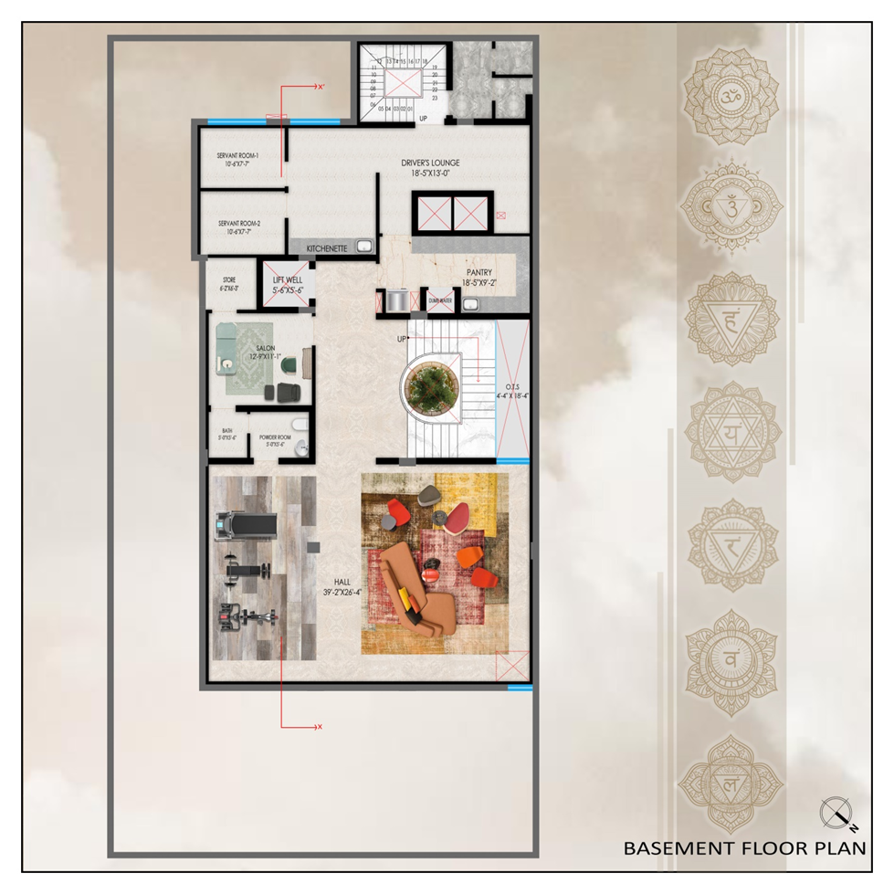 Basement architectural plan showing a spacious hall, salon, driver’s lounge, servant rooms, pantry, and staircase.