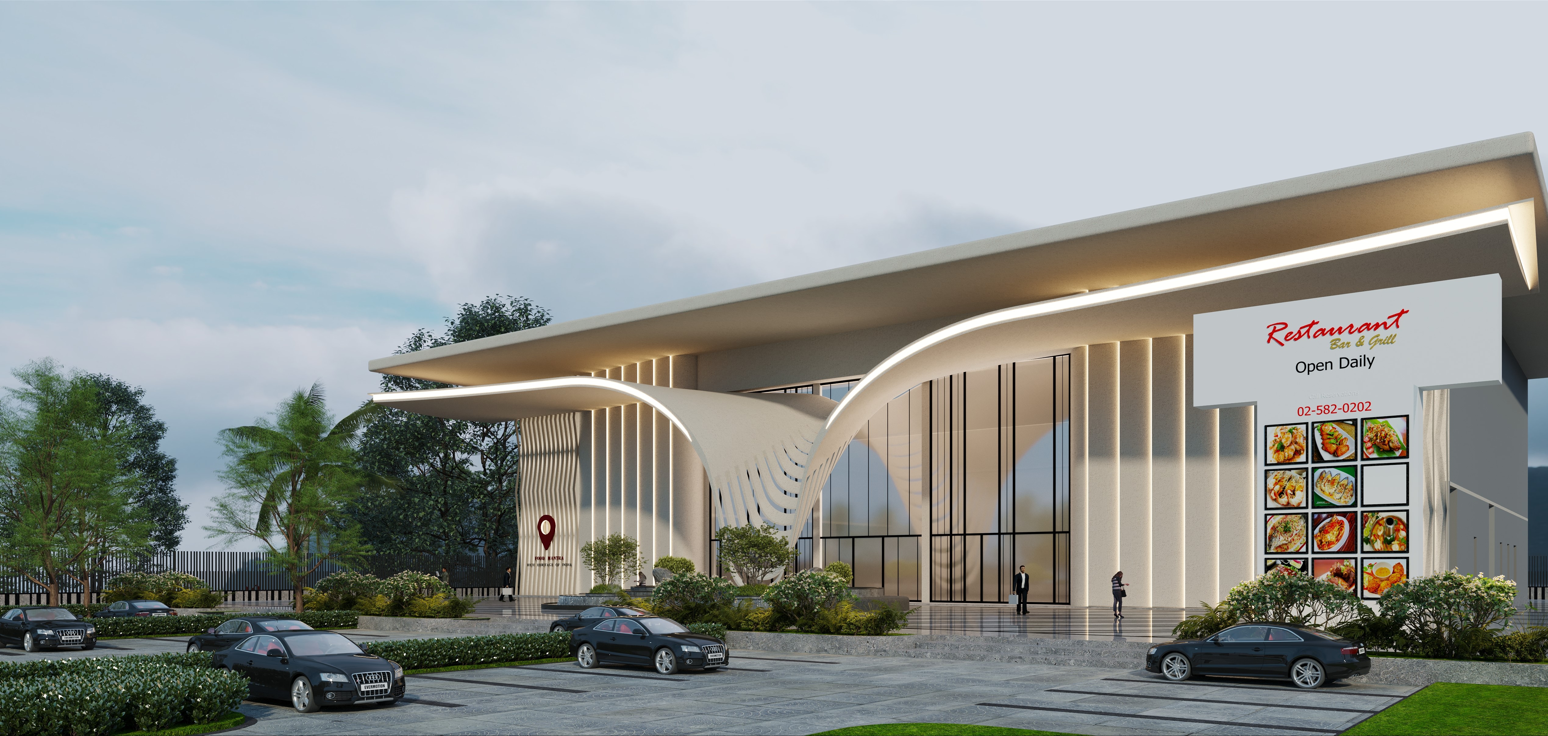Modern luxury restaurant exterior with glass facade, illuminated architectural design, landscaped entrance and parking area